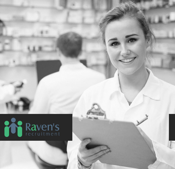 Photo of a pharmacist in greyscale with the Raven's Recruitment logo superimposed